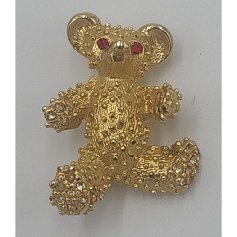 Vintage gold tone TEDDY BEAR w/ red rhinestone eyes‎ brooch pin